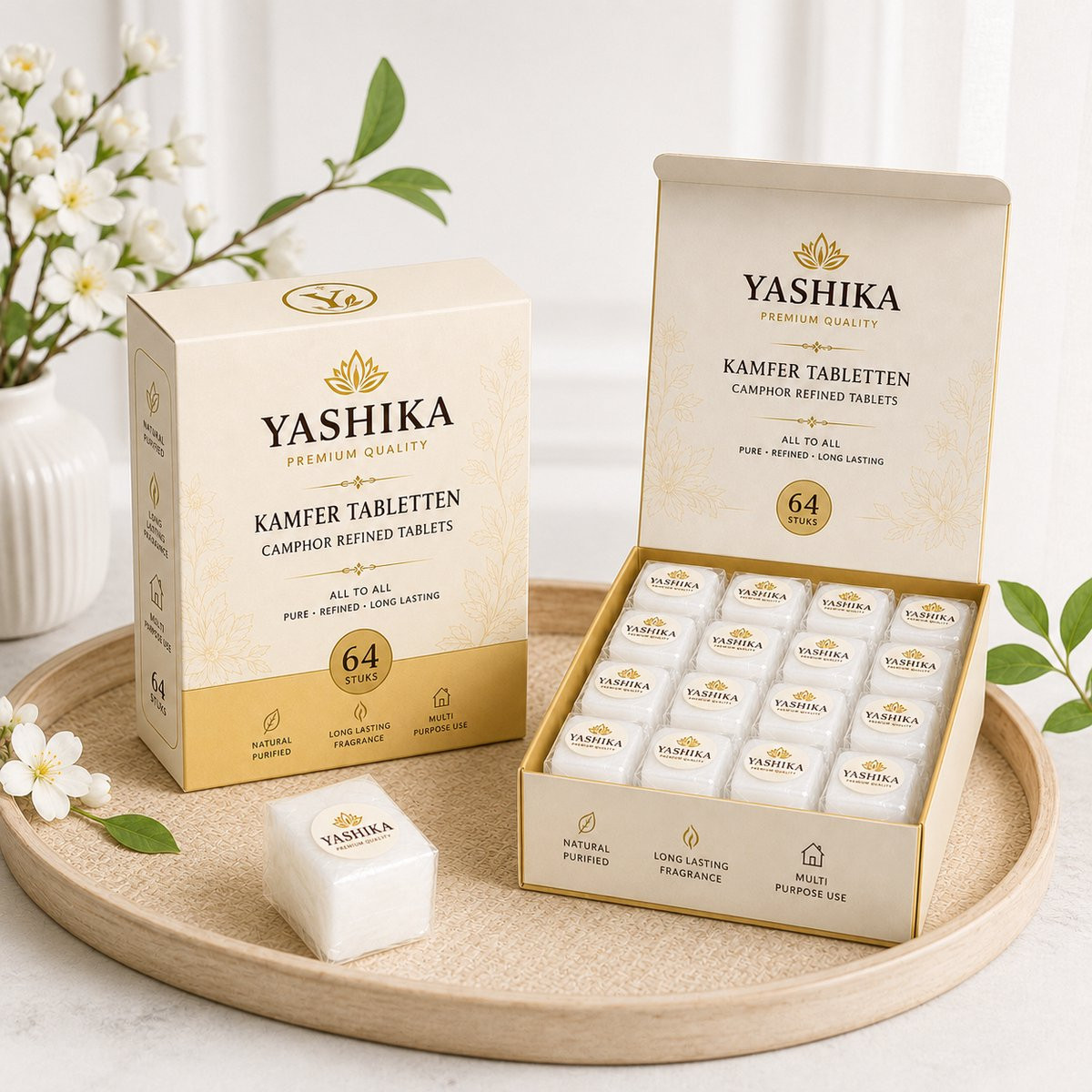 Yashika Kamfer Tabletten 64 Stuks - 100% Zuiver - Wit - Natuurlijk Geurmiddel voor Meditatie, Yoga en Gebed
