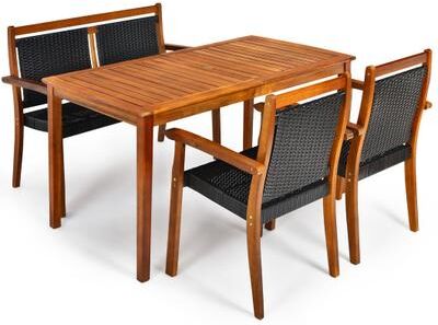 Costway 4 Pieces Acacia Wood Patio Rattan Dining Furniture Set