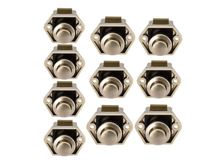 10 pièces de loquets à bouton-poussoir miniatures pour armoires de camping-car, poignées de porte pour camping-car, caravane, placard, loquet à bouton-poussoir nickelé