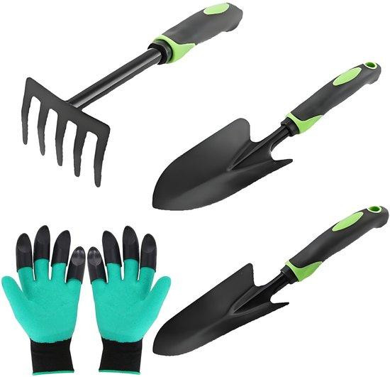 Benza Ibenzoa tuingereedschapset met wandhouder, inclusief 2 plantlepels, hark en 2 paar latex handschoenen