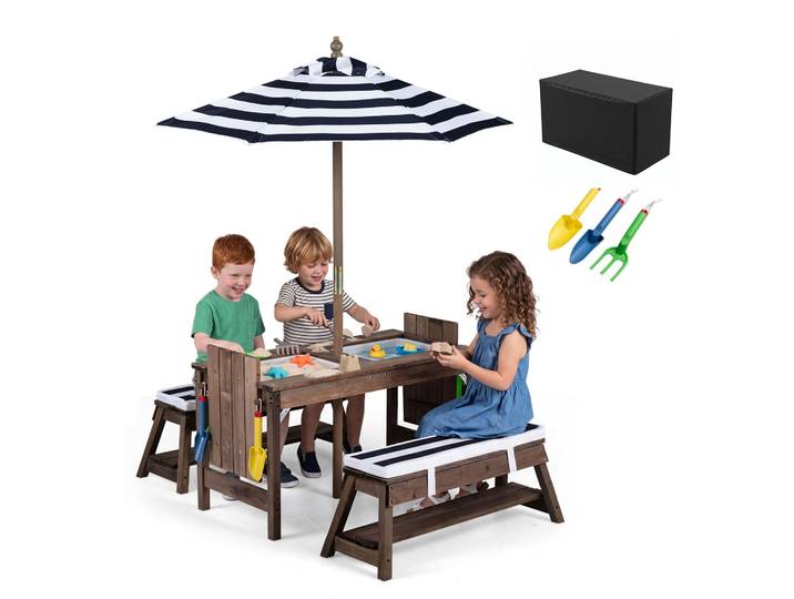 Houten Kindersitzgroep met Parasol Kinderpicknicktafel met 2 Banken Afneembare Zitkussens 2 Afneembare Dozen Blauw en Bruin
