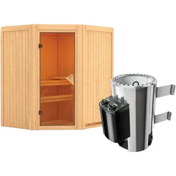 Karibu Sauna Tonja - 68 mm Systemsauna - 230 Volt Plug & Play-3,6 kW Plug&Play Ofen mit integrierter Steuerung-ohne Dachkranz inkl. gratis Zubehörpaket im Wert von 126,96€