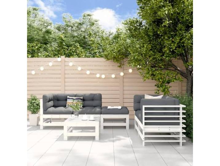 WDGJJFECNMUEHI Pin massif Lattes Jardin terrasse Familial Modulable Blanc Salon de jardin 6 pcs Blanc Bois de pin massif Modulable Canapé d'angle avec Table basse pour Terrasse Patio Extérieur
