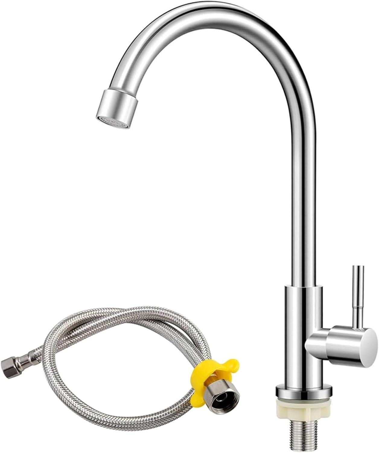 Merkloze 360 graden draaibare koudwaterkraan van roestvrij staal en messing voor keuken en badkamer met 60 cm aansluiting