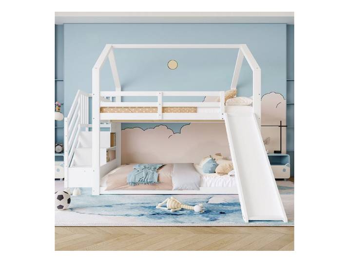 REDOM Bett Etagenbett Hausbett, Kinderbett mit Geländer (mit Stauraumtreppe und Rutsche, 90x200cm), Ohne Matratze