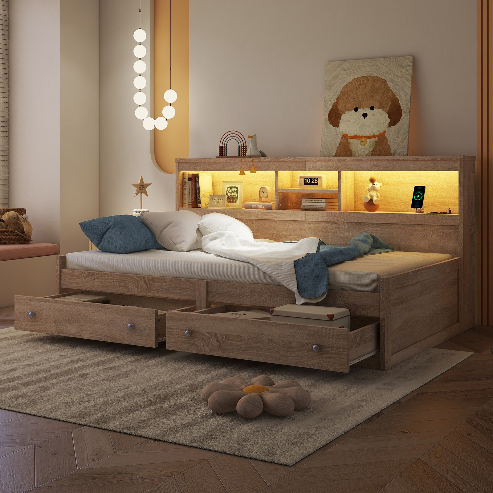 Flieks multifunctionele slaapbank van hout met 2 lades, LED-verlichting en USB-oplaadpoort