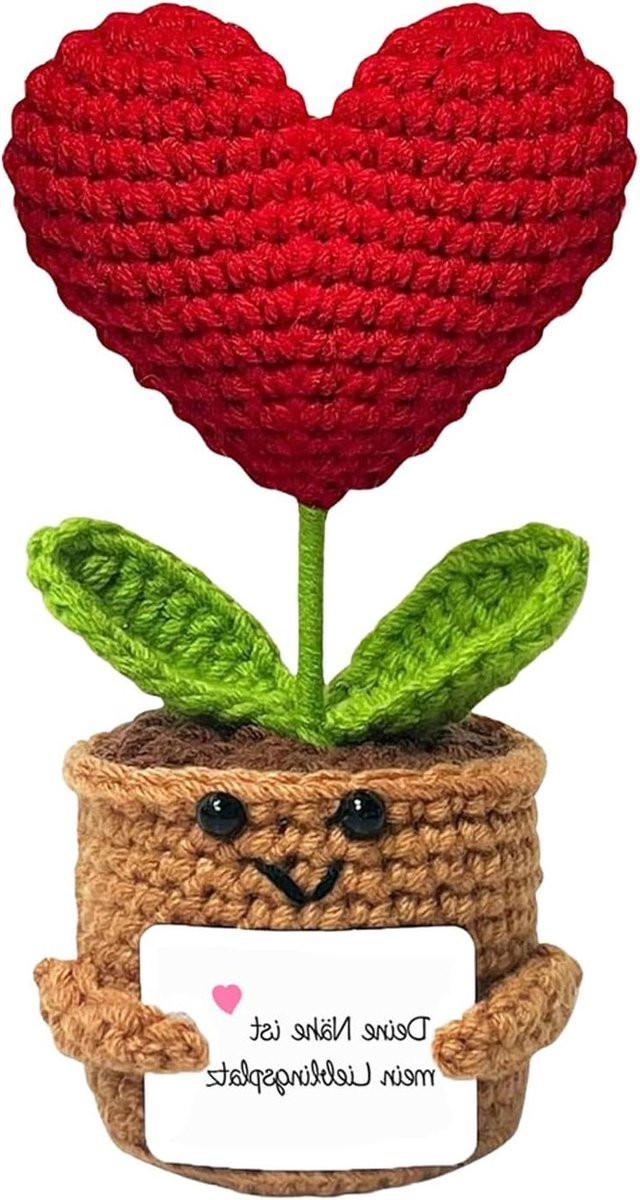 Handgemaakte gehaakte hartbloem decoratie met kaart - 17 cm