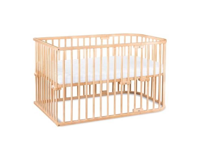babybay Maxi Beistellbett, GS-geprüft, Natur lackiert, Kinderbettset Extra große Liegefläche, massive Buche, stufenlos höhenverstellbar, am Elternbett befestigt & mitwachsend