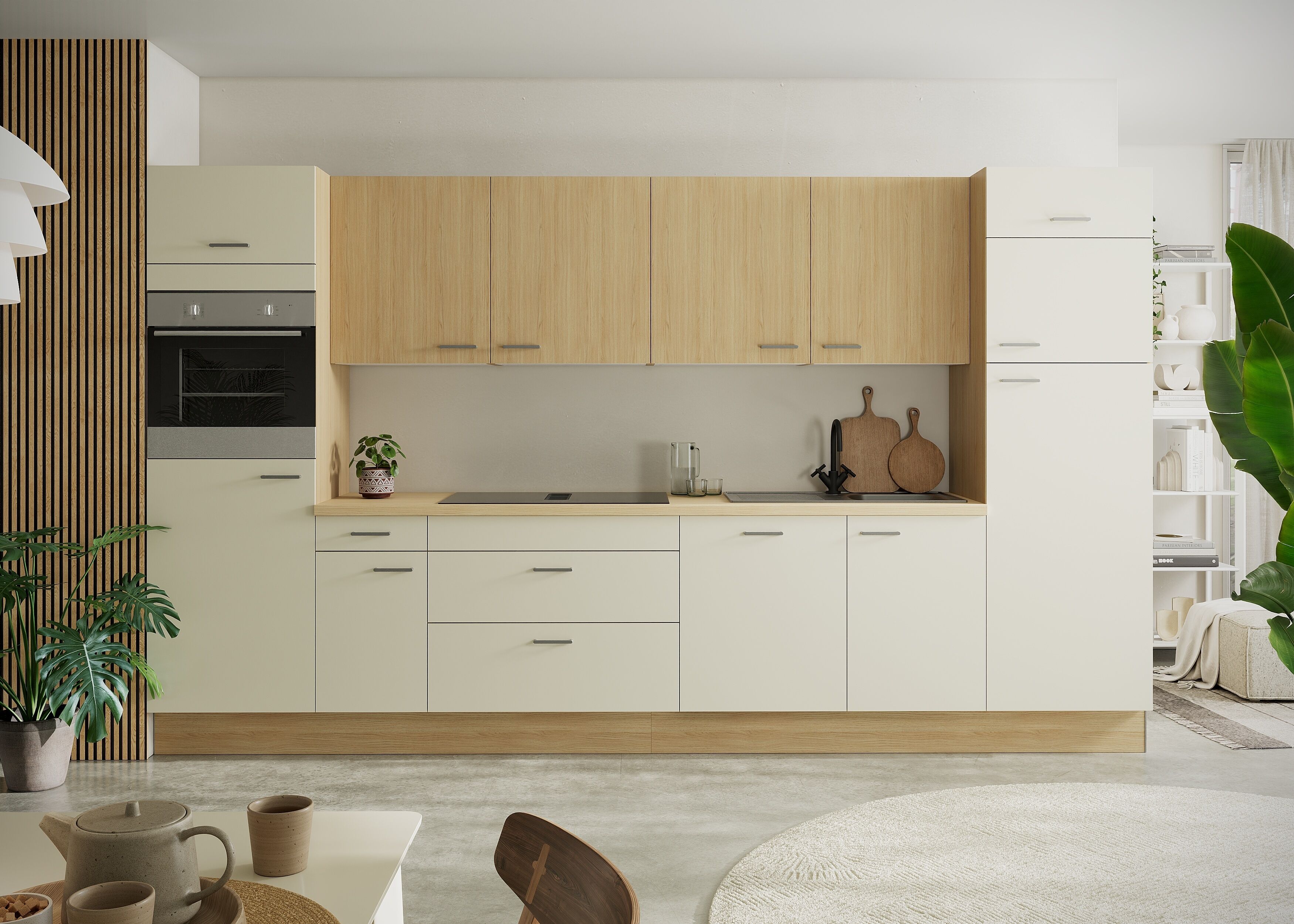 Küchenzeile KOCHSTATION "KS-Lucy wahlweise mit Induktionskochfeld mit integriertem Dunstabzug", beige (küche: natur, korpus: eiche hell, arbeitsplatte: eiche hell), B:360cm H:211,8cm T:60cm, Komplettküchen-Sets, Küchenzeile, Breite 360 cm, Soft-Close, ink