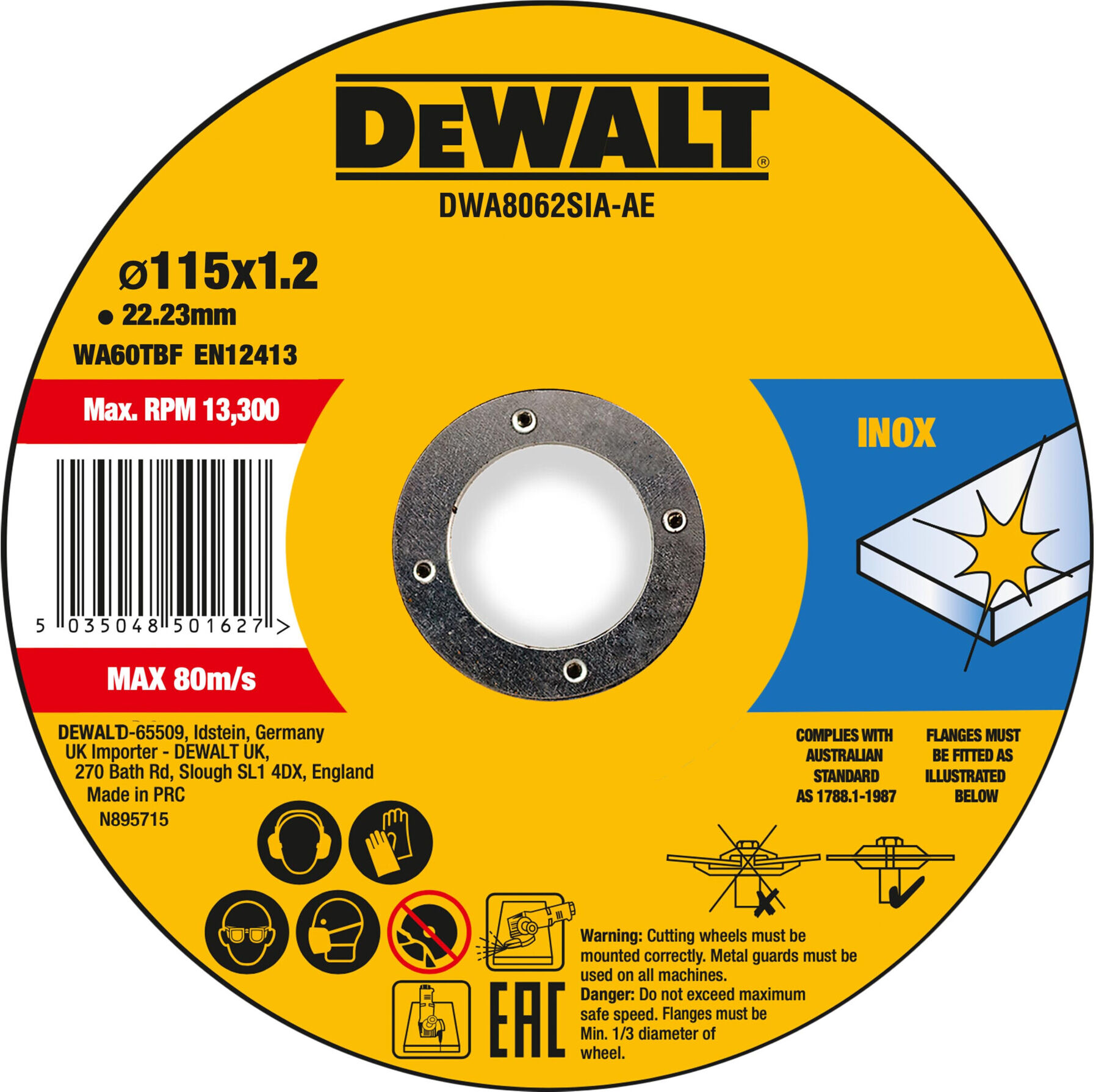 DEWALT High Performance Trennscheibe 115x1,2x22,23mm Inox Typ 41 (flach) DWA8062SIA-AE)