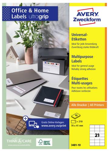 Avery-Zweckform 3481-10 Universal-Etiketten 70 x 41mm Papier Weiß 210 St. Permanent haftend Farblaserdrucker, Laserdrucker