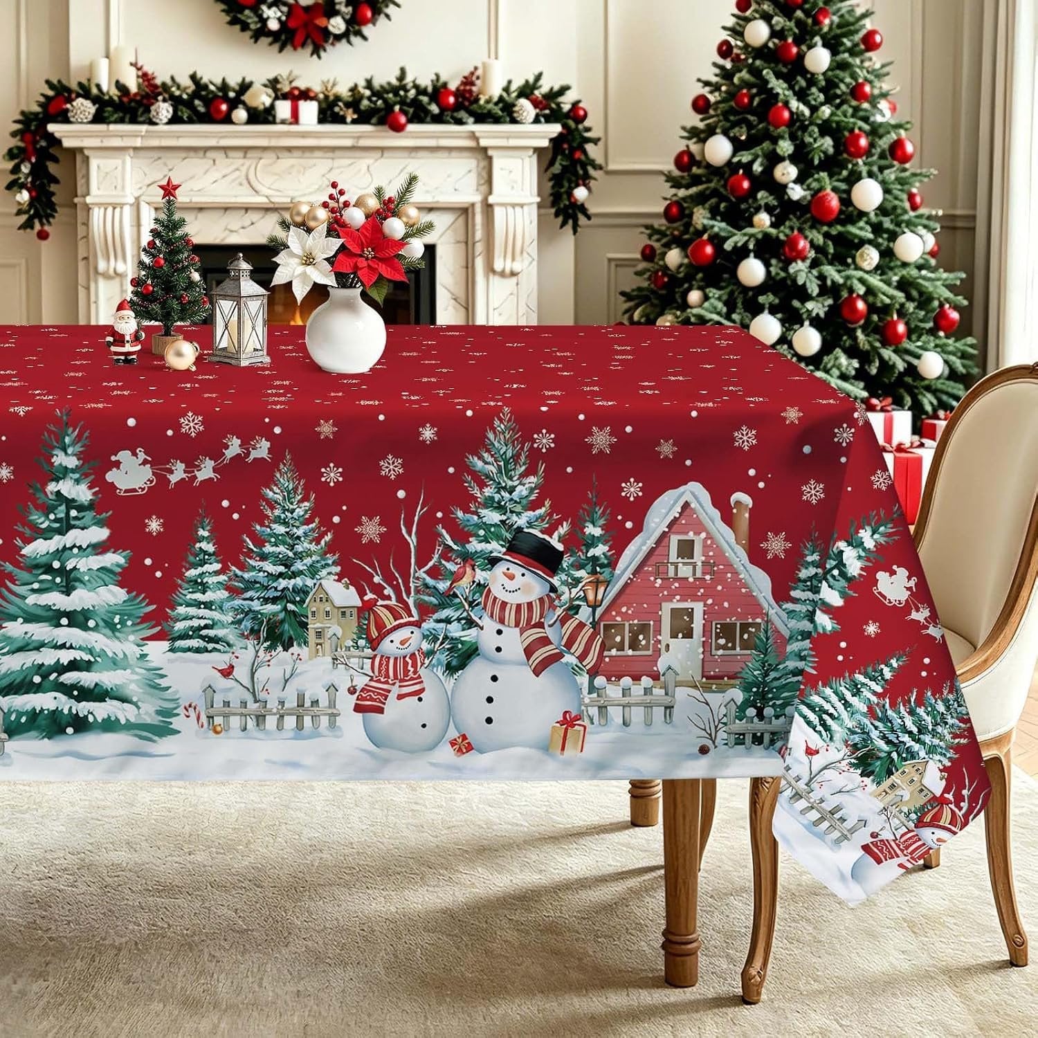 Kersttafelkleed met kerstmotief van bomen, sneeuwpoppen en huizen, 140 x 240 cm
