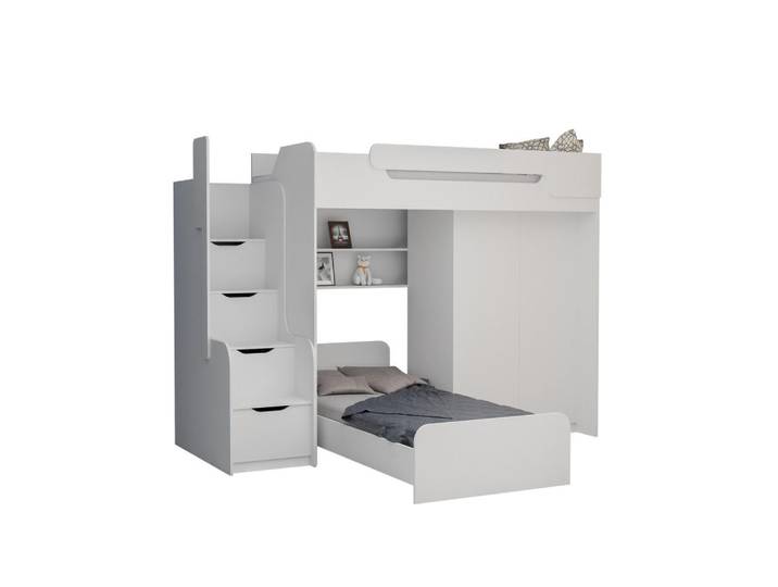 Deine Möbel 24 Etagenbett Arthur 90/200 in Weiß mit zusätzliches Bett und Kleiderschrank, 90x200 cm, Babymöbel & Kindermöbel, Kinderzimmer & Jugendzimmer, Stockbetten