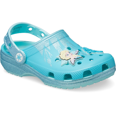Clog CROCS "Disney Frozen Elsa Classic Clog", Mädchen, Gr. 38, blau (multi, frozen elsa), Croslite™, Glitzer, kontrastfarbene Details, Schuhe Clog, Hausschuh, Sommerschuh, Strandschuh mit Glitzer