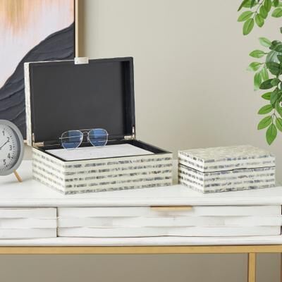 ARCILLA ELEMENTAL Cream Mother of Pearl Shell Handmade Linear Mosaic Storage Geometric Box with Cream Underlay (Set of 2)
