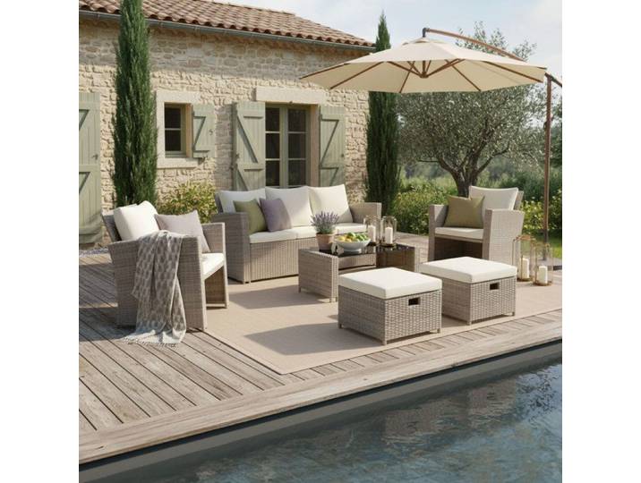 Salon de jardin résine tressée 7 places + table basse rectangle