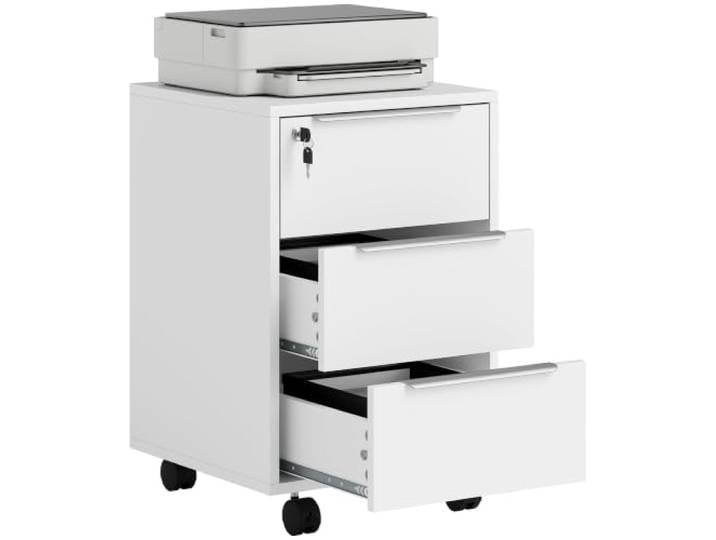 HOMCOM Caisson Bureau Mobile avec 3 Tiroirs Serrure 40x40x63\,5 cm Blanc Meuble Rangement Bureau sur Roulettes\, pour Documents et Imprimante\, Caisson Rangement Compact\, pour Travail ou Chambre