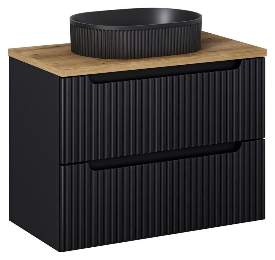 Set VANO 80cm: Waschtischunterschrank mit Schubladen + Arbeitsplatte in heller Eichenoptik + aufsatzwaschbecken mit Rillen in Mattschwarz