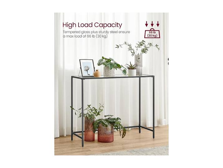 JOYFURNOS LGT025B01 Table Console avec 2 Étagères, Verre Trempé, Cadre en Métal, Pieds Réglables pour Salon, Couloir, Noir