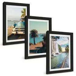 BILDER SET 3er Set - 20x30 cm Schwarzer Rahmen - Urlaub Palmen Wasserfall