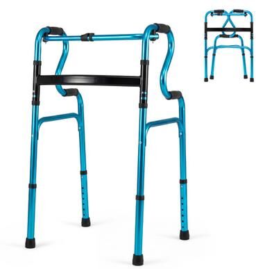 Costway One-Button Folding Aluminum Walking Frame Walker Folding Walker for Seniors and Limited Mobility Users-Navy