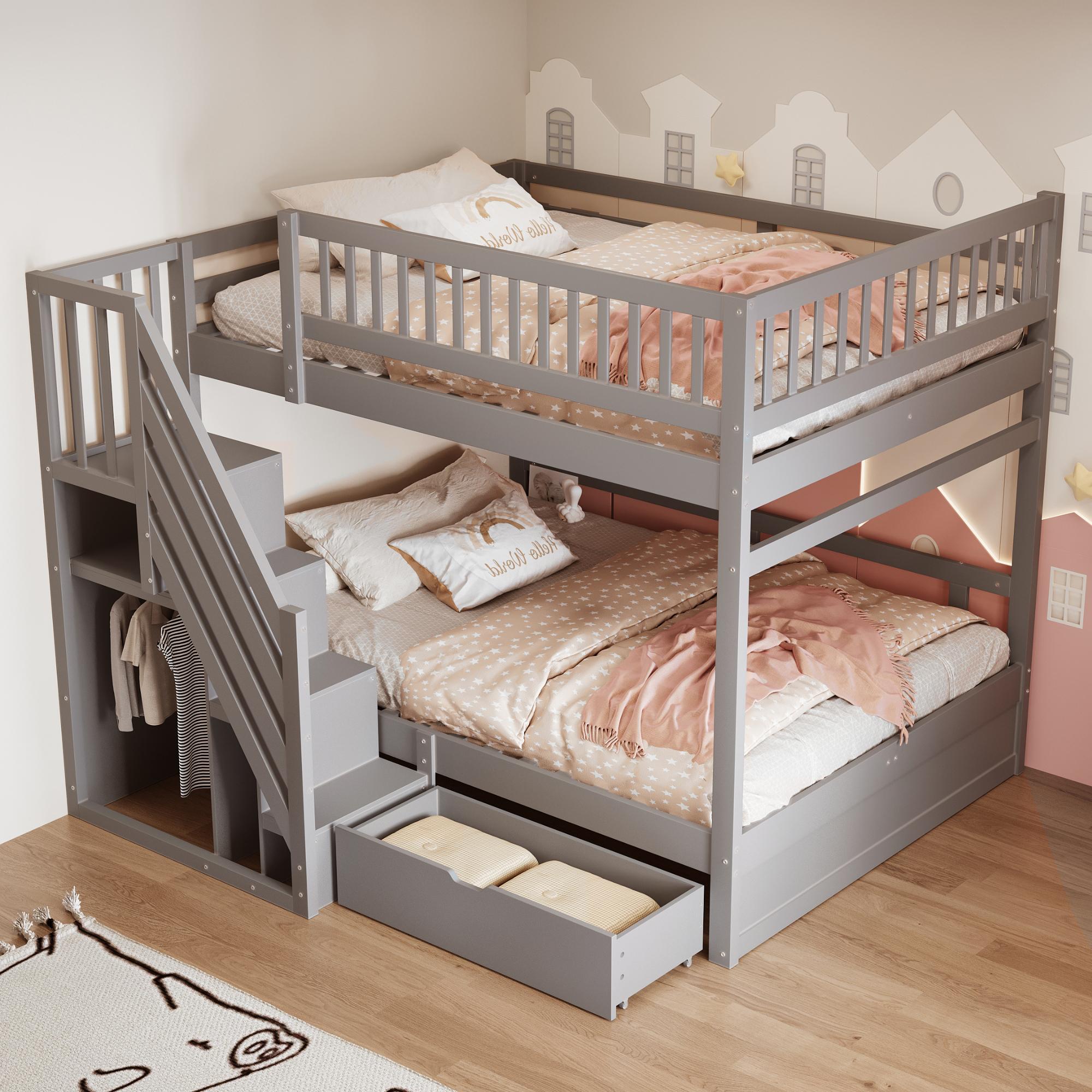 MODFU Etagenbett 140x200 Bettgestell rmit Lattenrost und Stauraum,mit Leiter und Hohem Sicherheitsgitte, Jugendbett mit Stauschubladen,ohne Matratze,Grau