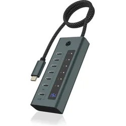 Icy Box USB-C Hub mit 20W Ladeanschluss und integriertem Display, IB-HUB1457-C31 (USB-C, 7 Ports), Dockingstation + USB Hub, Grau, Blau