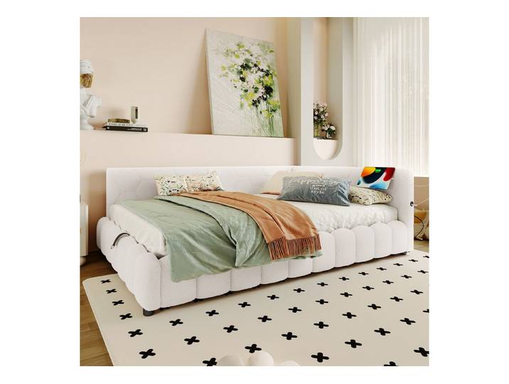 Odikalo Stauraumbett Polsterbett Daybett Tagesbett Schlafsofa USB 90/140x200cm Weiß/Rosa
