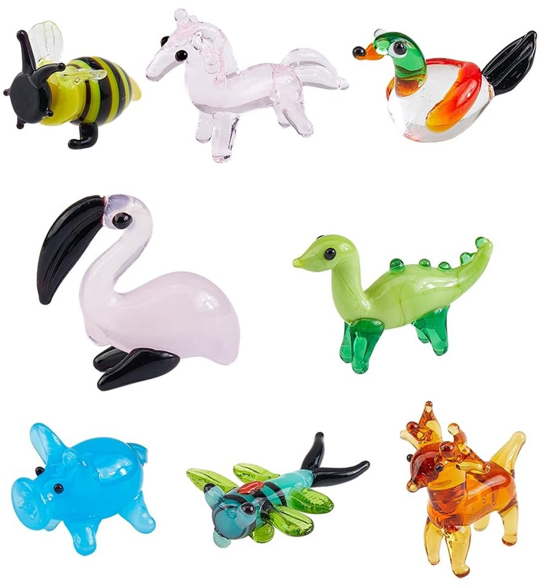 Dailygoods Glazen Figuren - Set van 8 Handgemaakte Miniatuur Dieren - Decoratieve Glazen Figuurtjes voor Tafeldecoratie