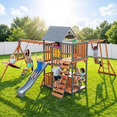 Klokick Cedar Wood Swing Set with Wave Slide, Clubhouse, Rock Wall, Ladder, Monkey Bars & Play Kitchen