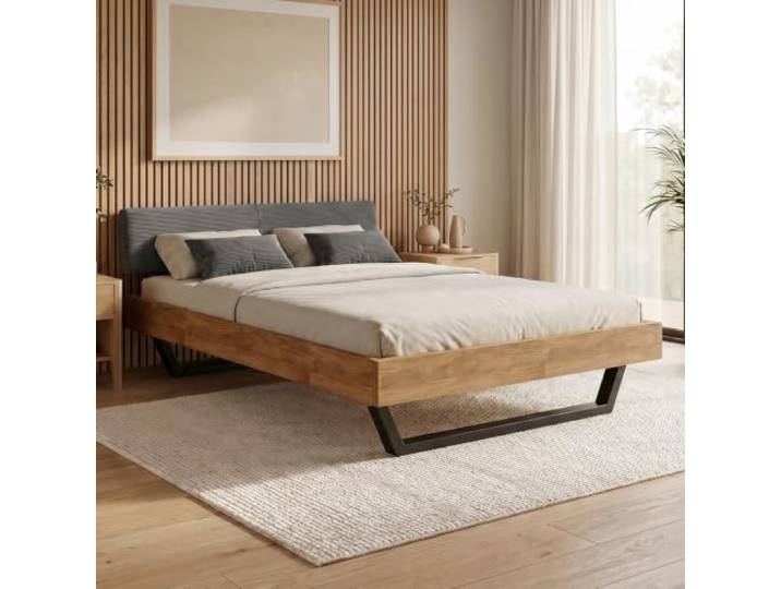 skølm Alver Massivholzbett Eiche 140x200cm Natur, Bettkopf Cord Anthrazit Bettgestell stabil aus Massivholz, Holzbett mit schwarzen Metallkufen,hochwertiges Bett, Bettrahmen geeignet als Doppelbett
