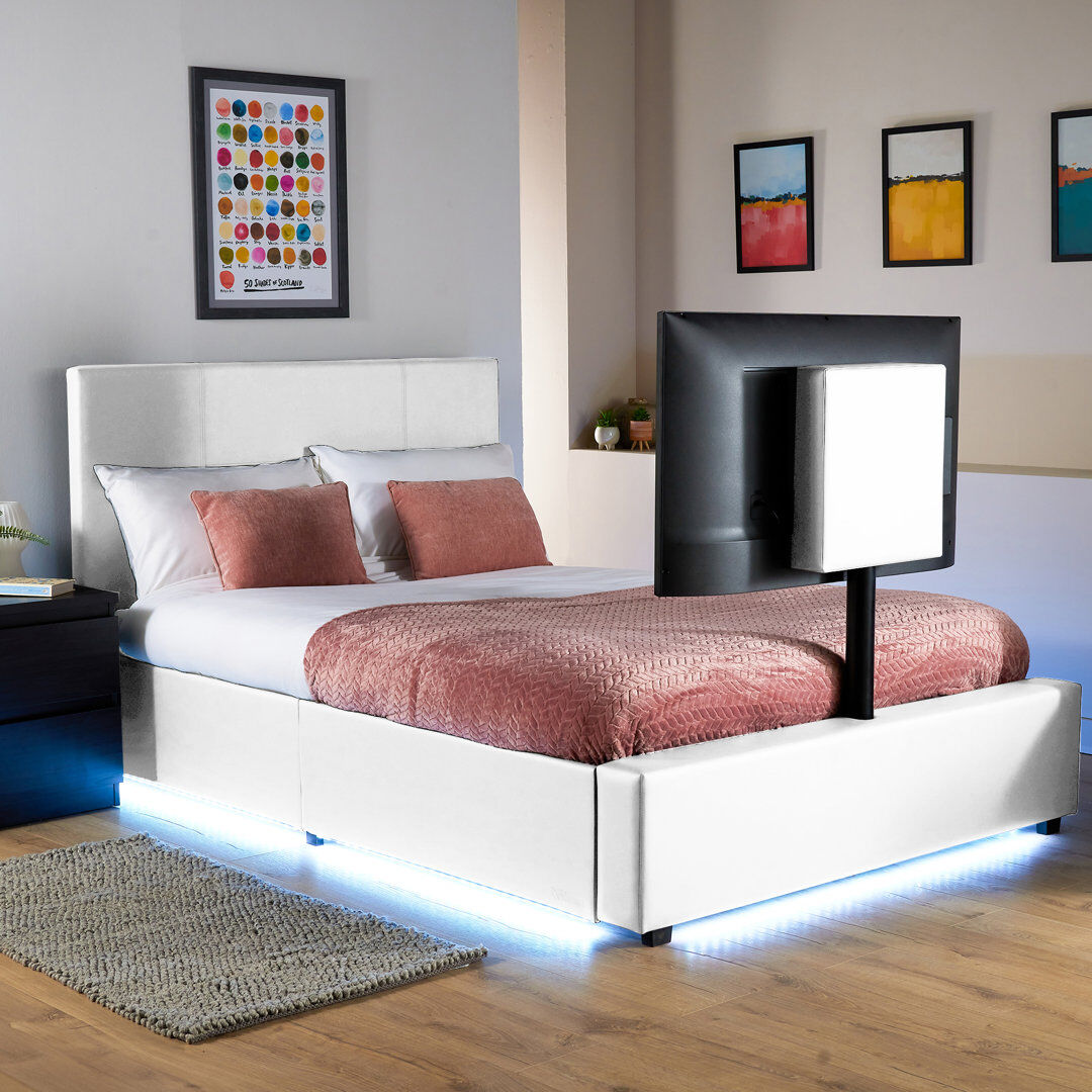 X Rocker XR Living Ava Upholstered TV Bed with LED Lighting White Double (4'6)