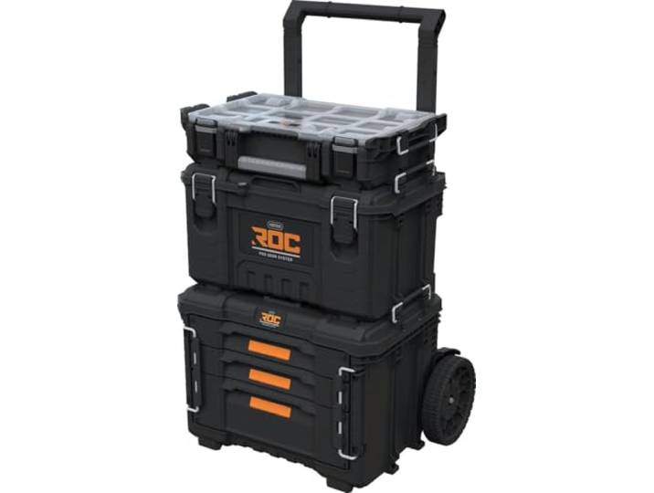 Keter Pro Gear XL Werkplaatswagen met gereedschapskoffer en organizer, 3 laden, 64 x 47 x 79-105 cm, zwart