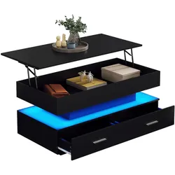 OKWISH Hydraulisch höhenverstellbarer Couchtisch mit LED Beleuchtung und Bluetooth Steuerung, 2 Schubladen, versteckter Stauraum, 100x50x44 cm, Schwarz
