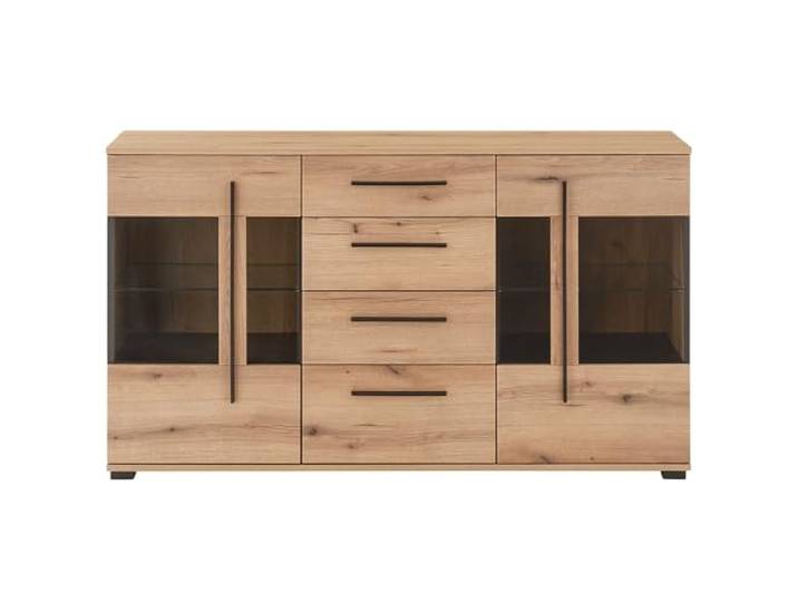 Lomadox Kommode 150 cm breit Sideboard Wohnzimmerschrank Vitrinenschrank, Eiche, 2 Türen & 4 Schubladen inkl. Softclose-Funktion