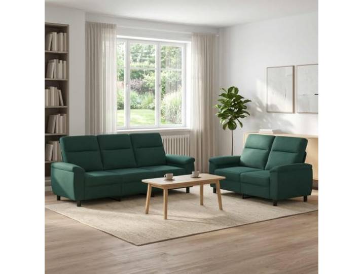 Sofa-Set 2 pcs Dunkelgrün Stoff Metallrahmen,Kissenrücken-Design,konische Kunststoffbeine,100% Polyester,pflegeleicht