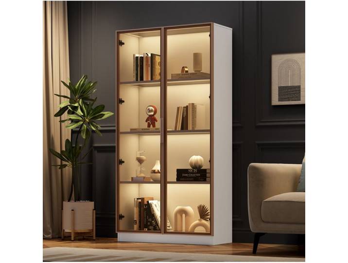 MEUBLIV Lot de 2 vitrines de salon blanches avec LED Bluetooth étagères réglables et 2 tiroirs