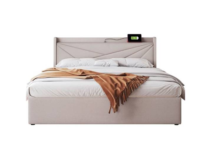 Lit Double Rangement 140x200cm-Tête de Lit USB-C Rembourré-Cadre Lin Beige Lattes-Lit Jeune Adulte sans Matelas