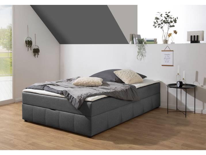 Boxbett, Tonnentaschenfederkern, Anthrazit, 144×224 cm, Mit Topper & Stauraum, Modern, Home Affaire