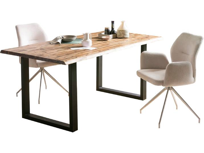 Esstisch SALESFEVER Design Esstisch für stilvolles Ambiente , beige (natur, schwarz, schwarz, natur), B:180cm H:75cm T:90cm, Akazie, Metall, Tische, Esstisch, Doppelt lackierte Tischplatte für Langlebigkeit