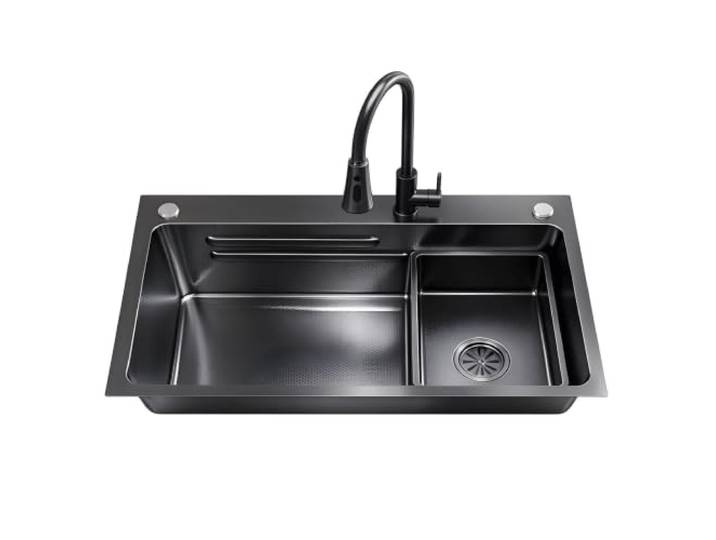 Küchenspüle, robuste Einzelbeckenspüle aus Edelstahl Haushalts-Gemüsewaschbecken, Arbeitsplatte/Mittelmontage/Unterbau/Einbauinstallation(Black,75*46 cm(30*18 in))