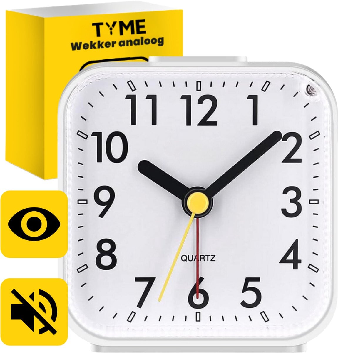 Tyme Analoge Wekker Wit - Zonder Tikgeluid - Met Alarm en Verlichting