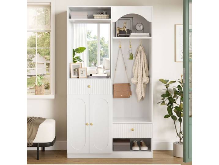 Garde-robe compacte avec miroir banc et crochets MDF blanc