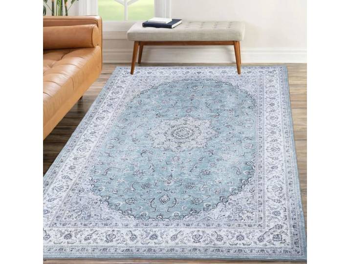 Tapis vintage bleu clair 160×230cm poils bas lavable machine antidérapant tapis doux durable quotidien