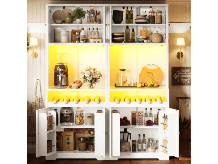 Aunvla Set mit 2 weißen Hochbuffetschränken 180cm, jeweils mit App-RGB-LED, Glastüren, Weinregal & Anti-Kipp, verstellbare Einlegeböden