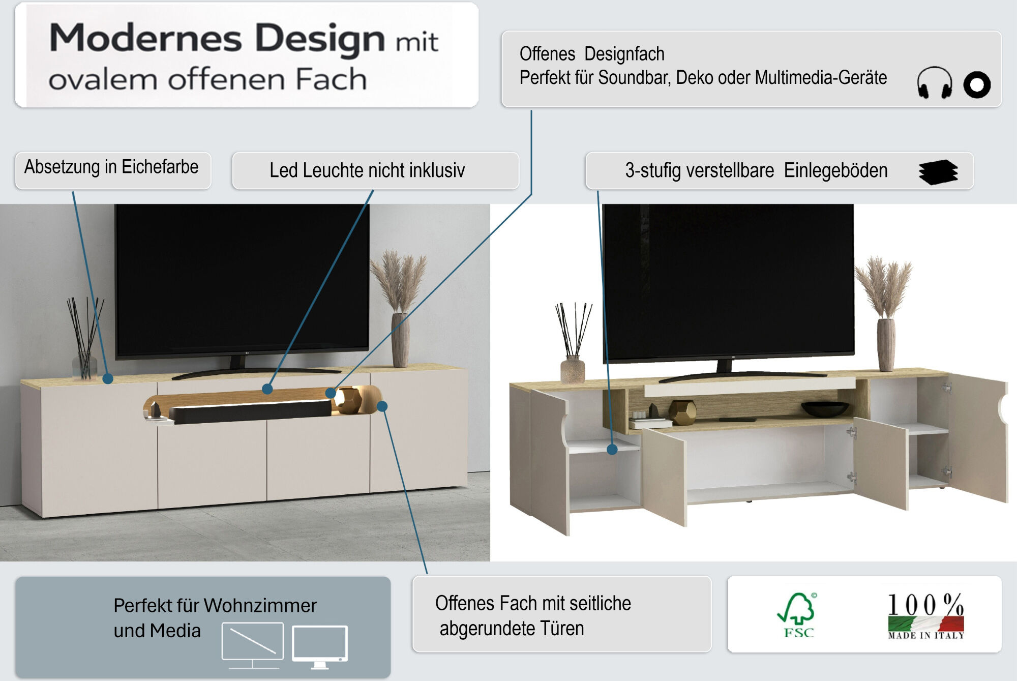 Lowboard GOODPRODUCT "REAL,Lowboard,TV-Kommode,TV-Möbel,TV-Bank", eiche chopin, kaschmir, B:200cm H:60cm T:40cm, Sideboards, Lowboard, Mit 4 Türen, davon 2 abgerundet, die ein ovales offenes Fach bilden eiche chopin, kaschmir B/H/T: 200cm x 60cm x 40cm, 4