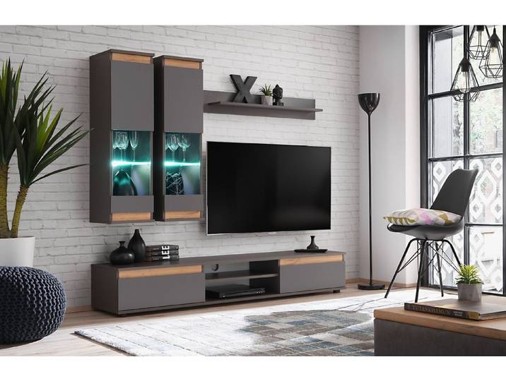 ASM-Moebel Wohnwand Anbauwand Wohnwand Schrankwand MODO mit Led Beleuchtung, Mit Led Beleuchtung