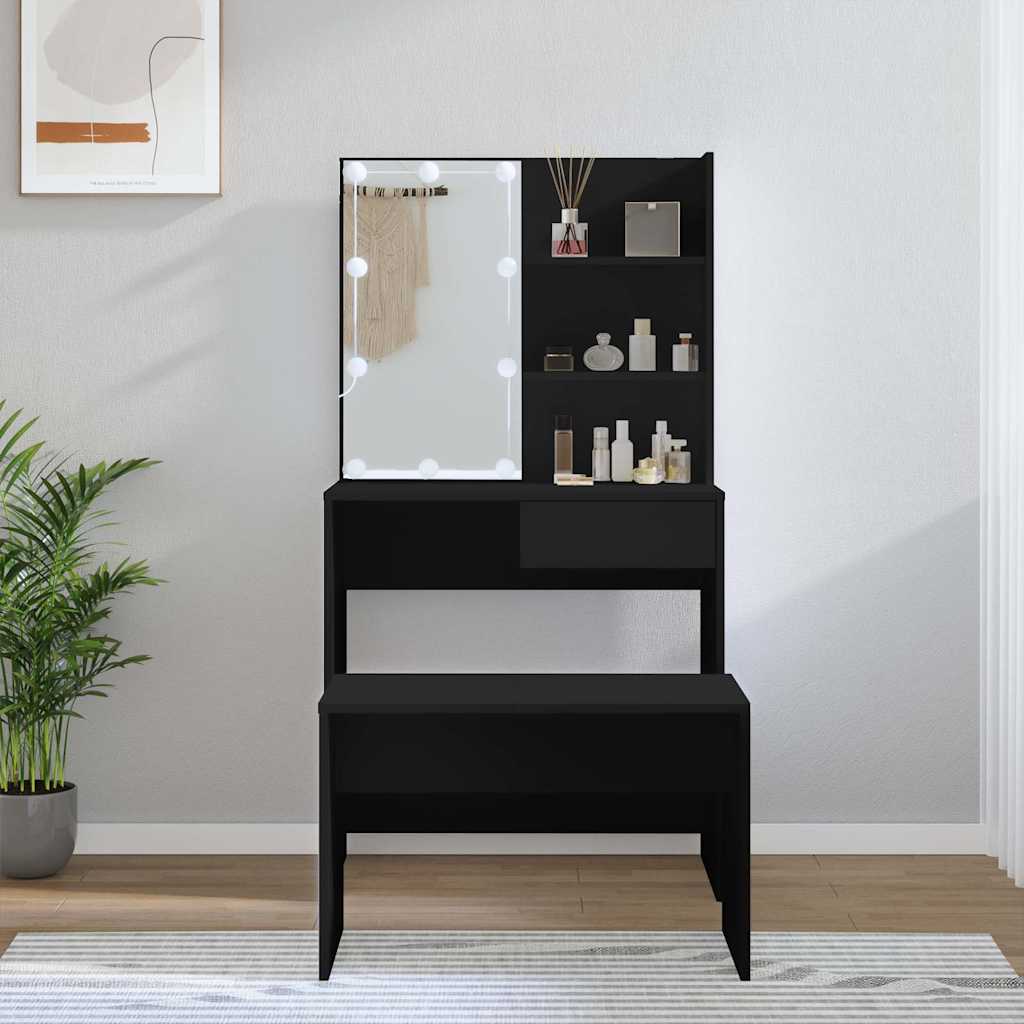 vidaXL Juego de tocador con LED madera contrachapada negro Negro