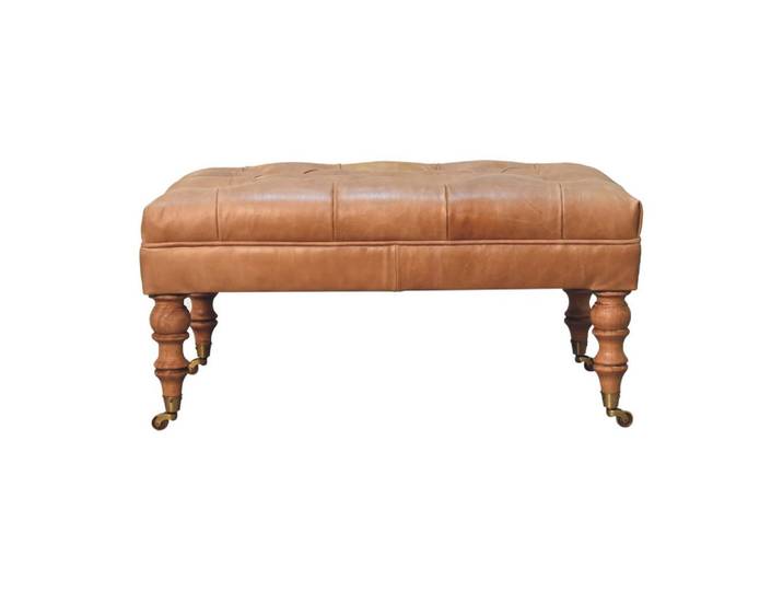 Artisan Furniture Ottomane Buffalo Tan Leder, helles Walnuss-Finish, Braun, Echtholz,Mangoholz, Rechteckig, Rollen, 60x45x90 cm, Wohnzimmer, Sofas & Couches