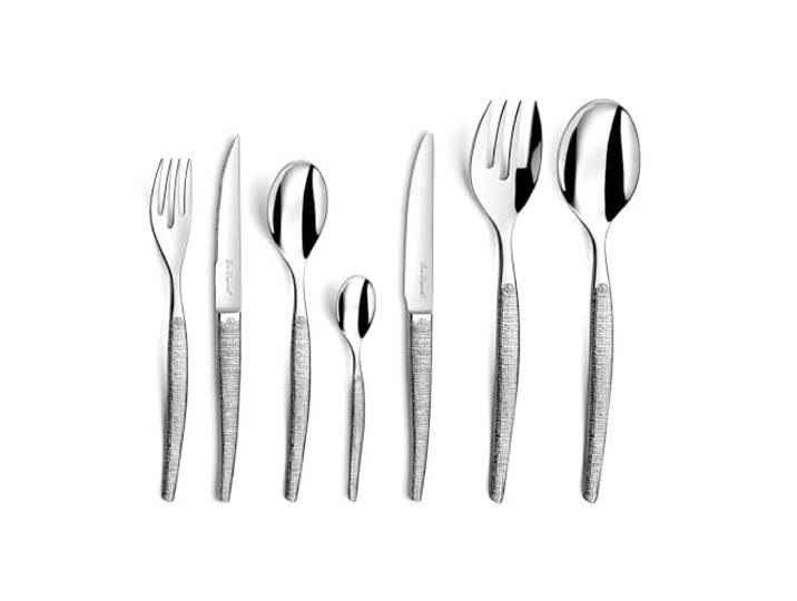 LOU LAGUIOLE Jet Textil Service 62-teilig Tisch + 12 Steakmesser, Edelstahl Besteck-Set 50-teilig für 12 Personen und 12 Steakmesser, Edelstahl 18/0, Textil-Finish